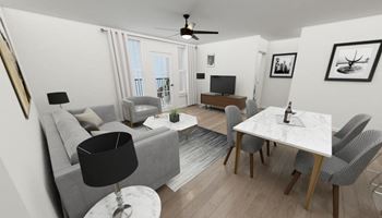 an image of a living room and dining room with white walls and wood floors